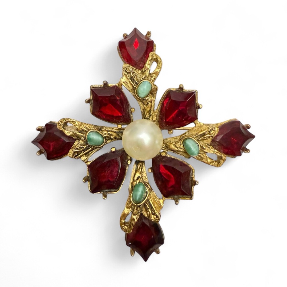 Vintage Schiaparelli Signed Red Crystal Faux Pearl Maltese Cross Brooch AS IS